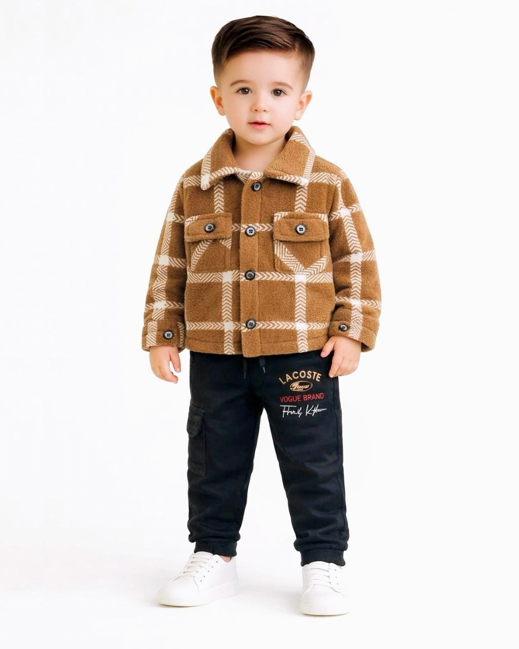 Boys Brown Checked Winter Jacket with Black Jogger Pants Set