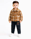 Boys Brown Checked Winter Jacket with Black Jogger Pants Set
