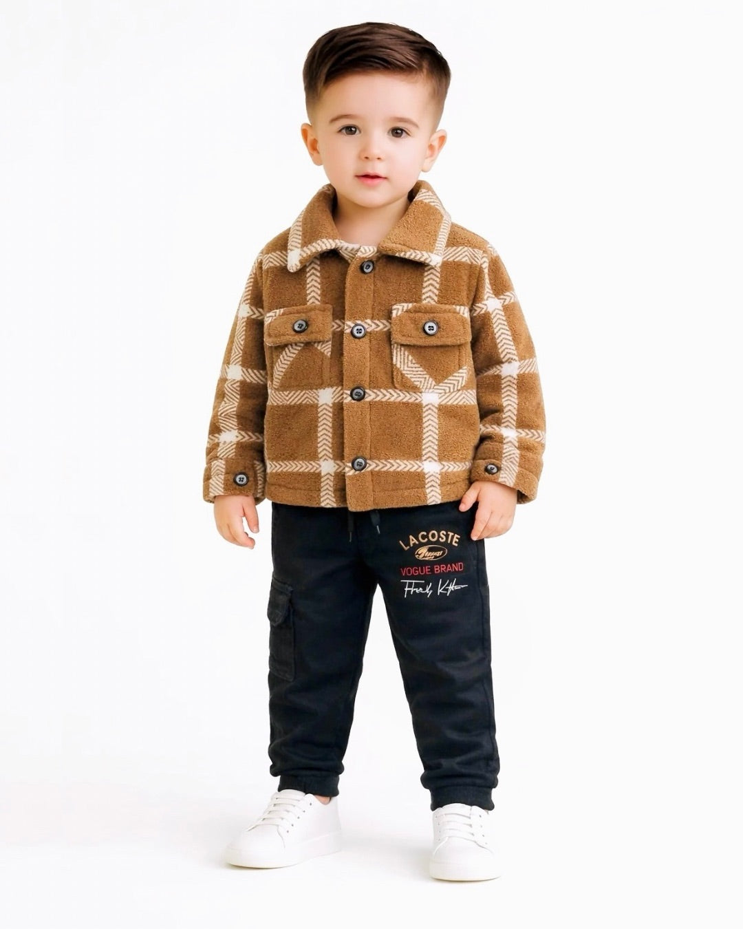 Boys Brown Checked Winter Jacket with Black Jogger Pants Set