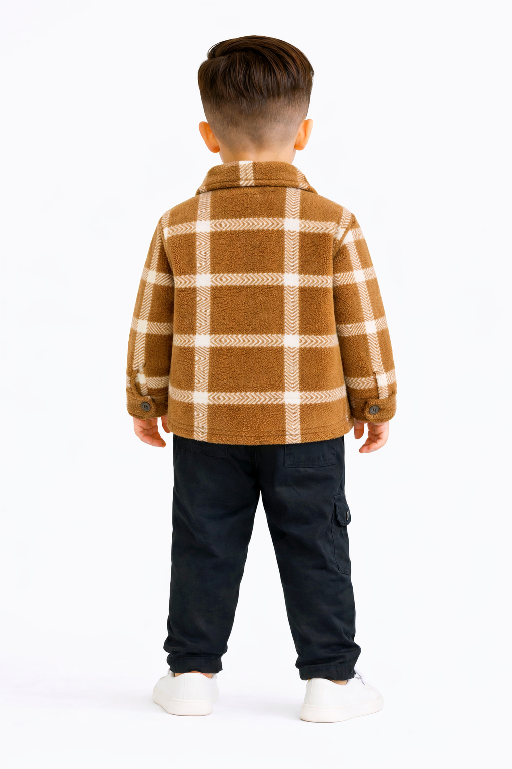 Boys Brown Checked Winter Jacket with Black Jogger Pants Set