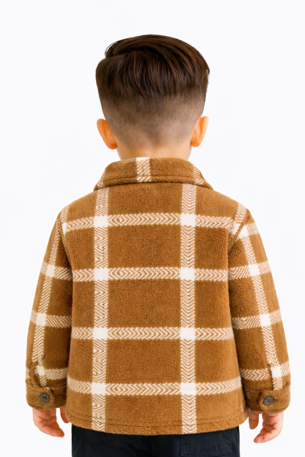 Boys Brown Checked Winter Jacket with Black Jogger Pants Set