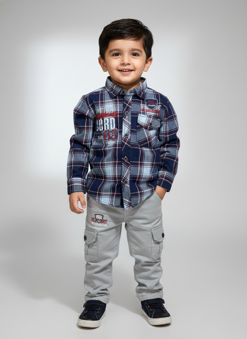 Boys Checked Shirt & Cargo Pants Set – Comfortable Everyday Wear