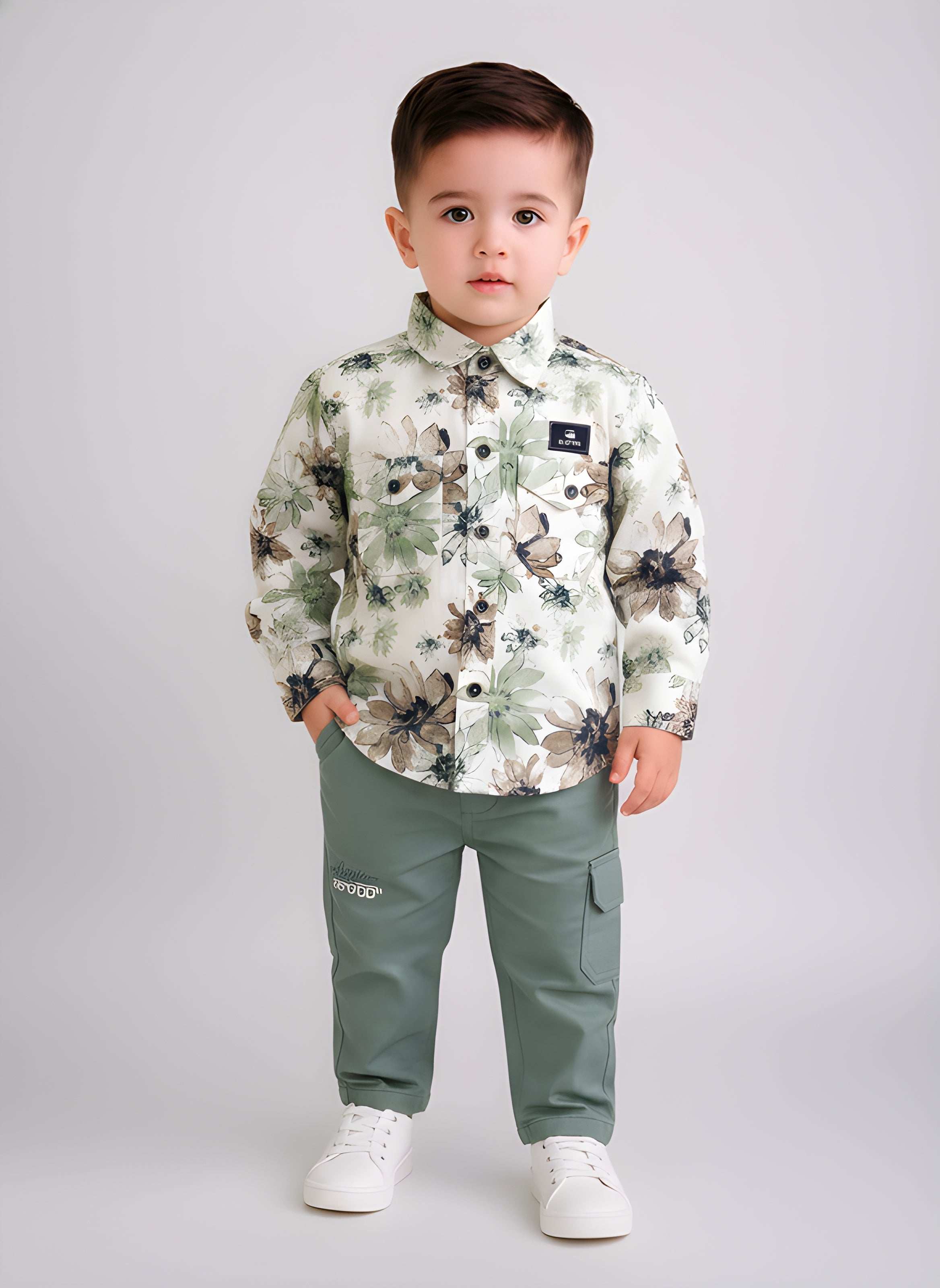 Boys Printed Shirt with Cotton Cargo Pants Set