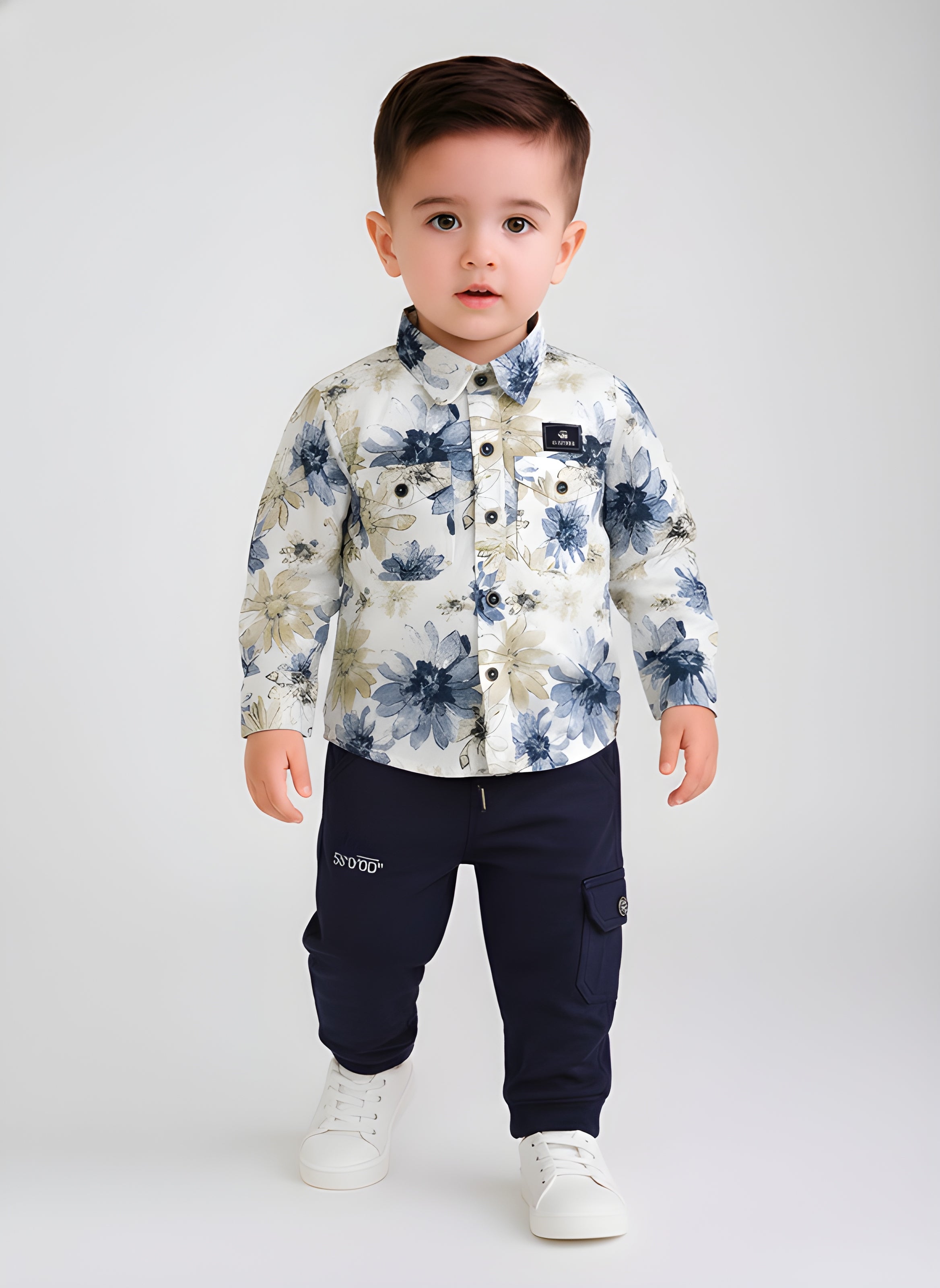 Boys Printed Shirt with Cotton Cargo Pants Set