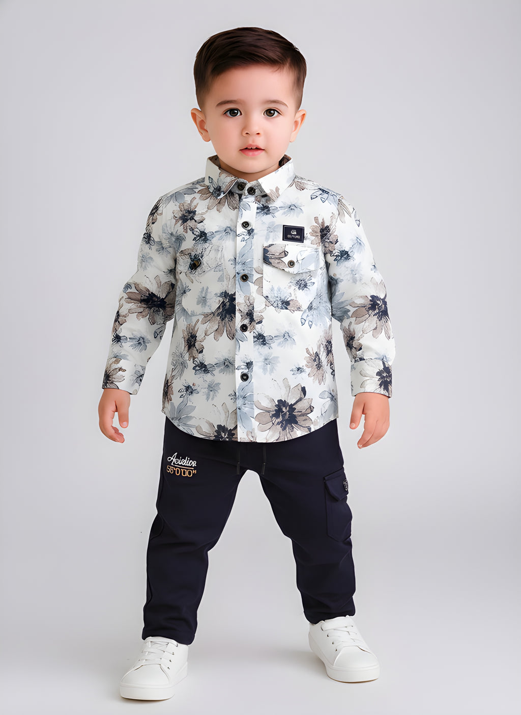 Boys Printed Shirt with Cotton Cargo Pants Set