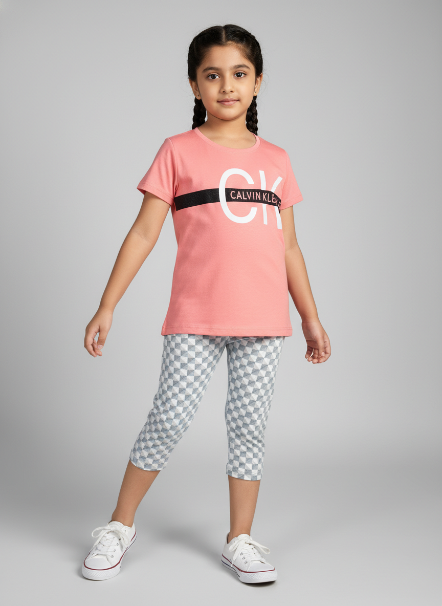 Girls Printed Half Sleeve T-Shirt with Capri Leggings Set