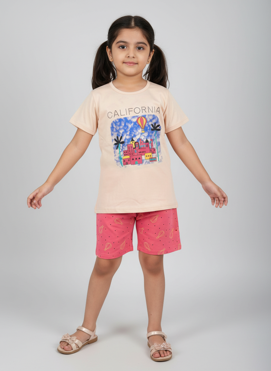 Girls Graphic Printed T-Shirt with Shorts Set