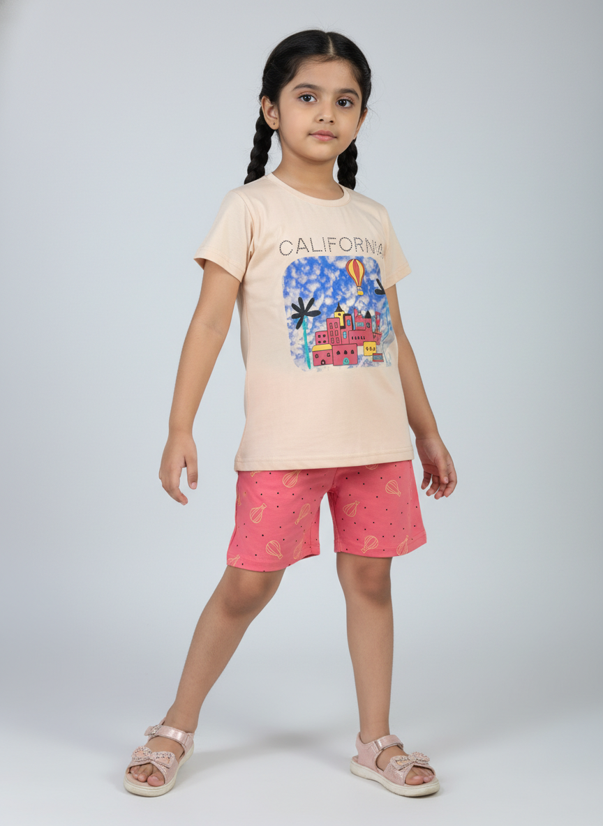 Girls Graphic Printed T-Shirt with Shorts Set