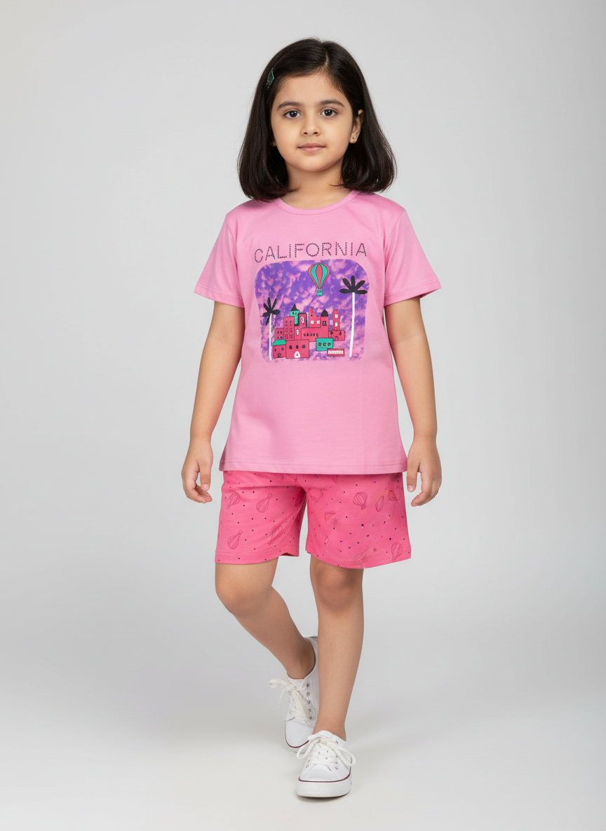 Girls Graphic Printed T-Shirt with Shorts Set