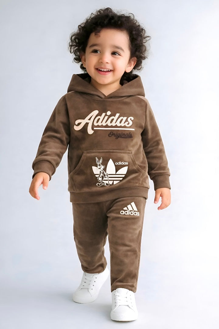 Kids Brown Velvet Hooded Tracksuit Set