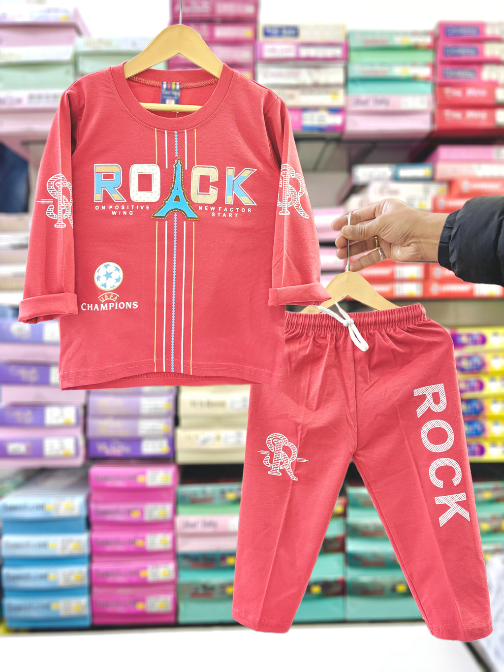 Boys Cotton T-Shirt & Track Pant Set – Rock Printed Top with Elastic Waist Bottom