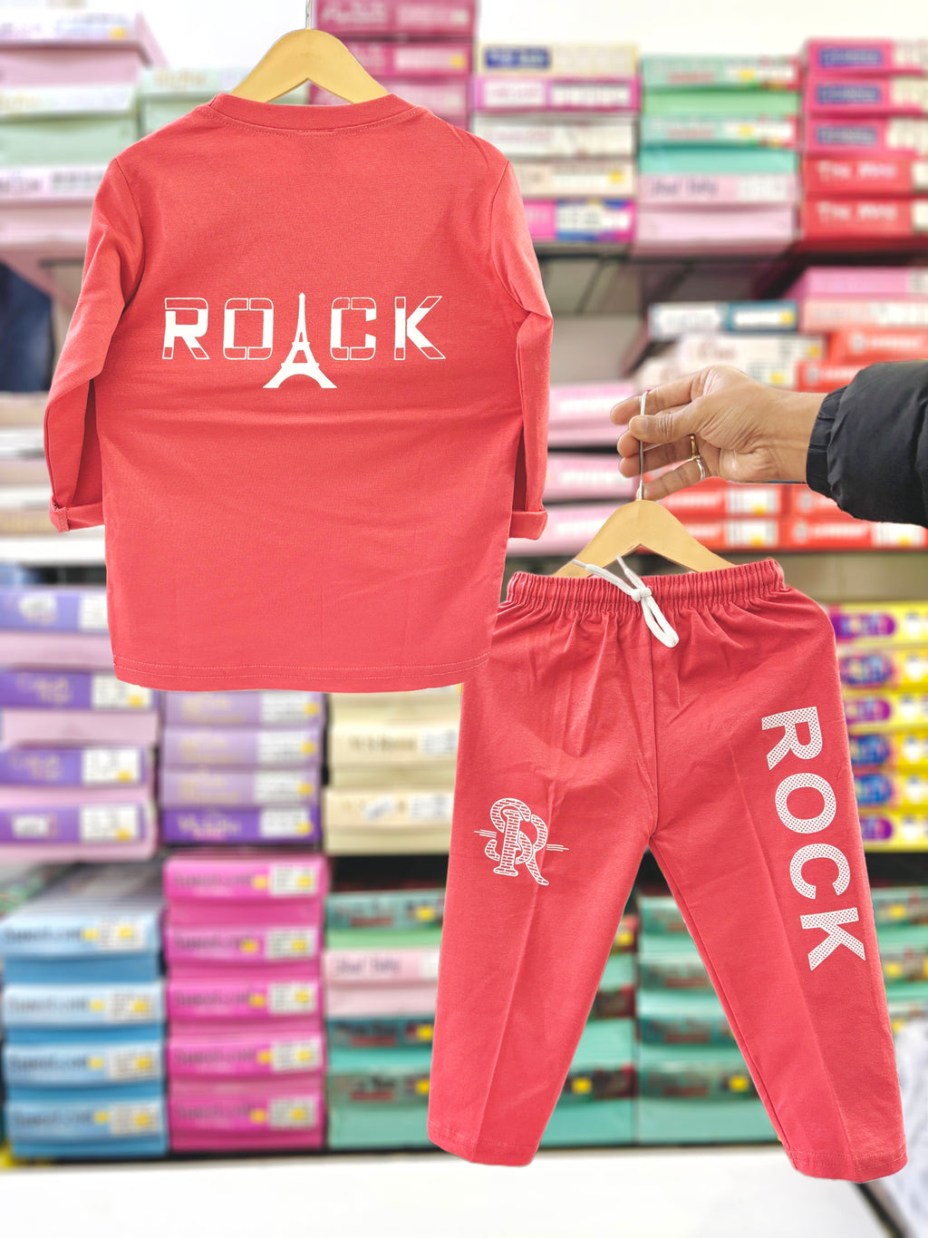 Boys Cotton T-Shirt & Track Pant Set – Rock Printed Top with Elastic Waist Bottom