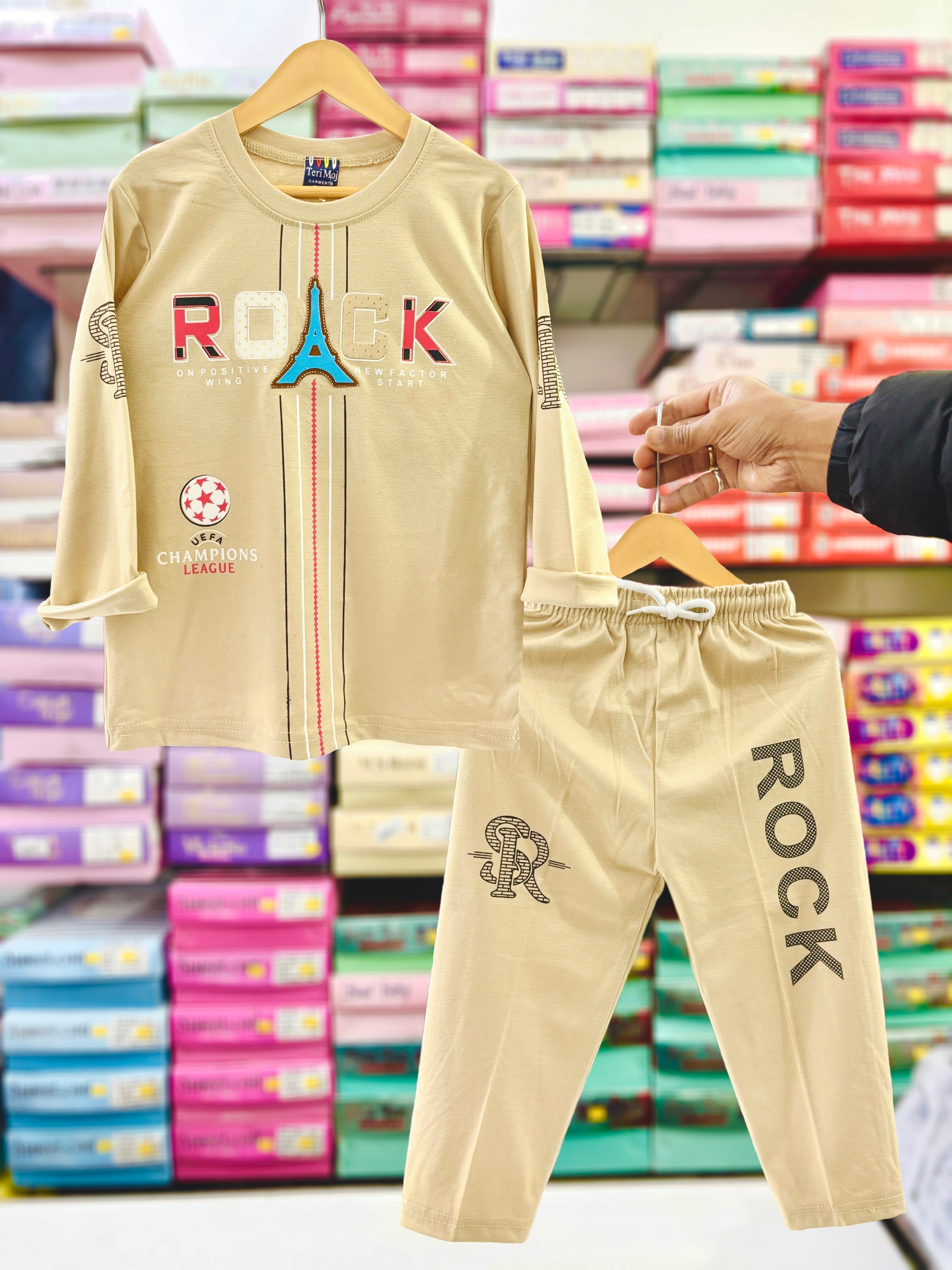 Boys Cotton T-Shirt & Track Pant Set – Rock Printed Top with Elastic Waist Bottom