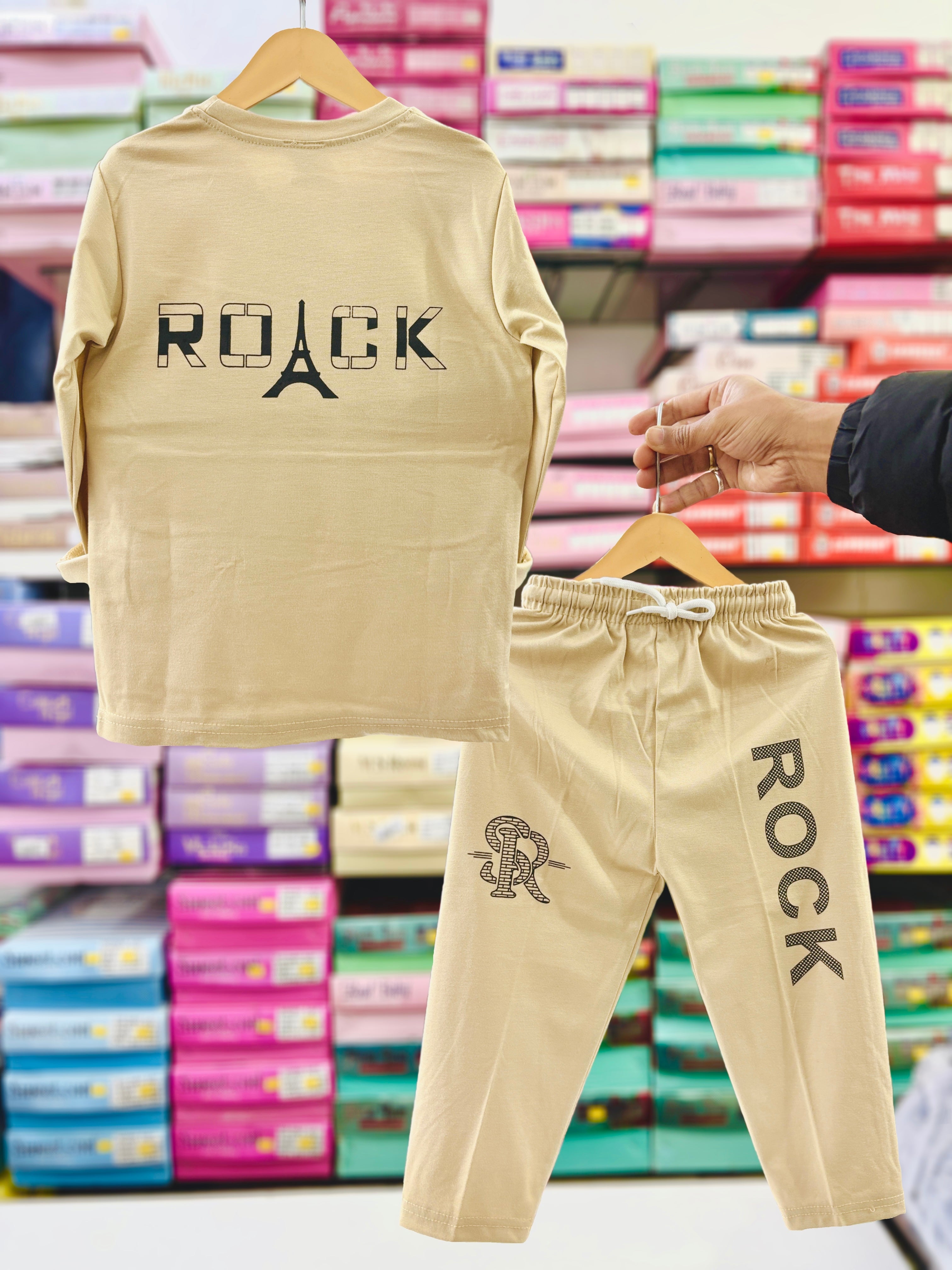 Boys Cotton T-Shirt & Track Pant Set – Rock Printed Top with Elastic Waist Bottom