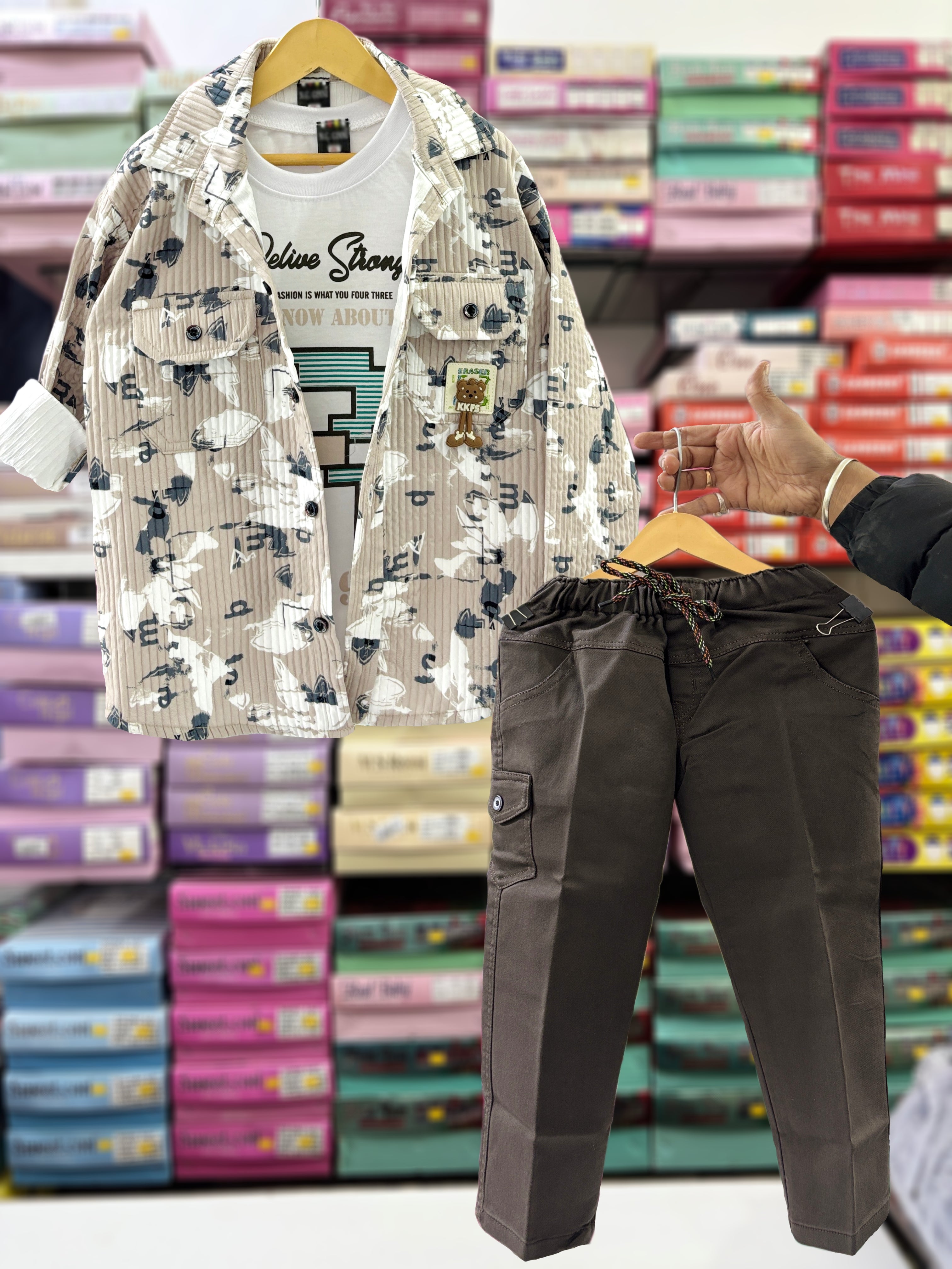 Boys Casual 3-Piece Outfit Set – Printed Shirt, Graphic T-Shirt & Black Jogger Pant