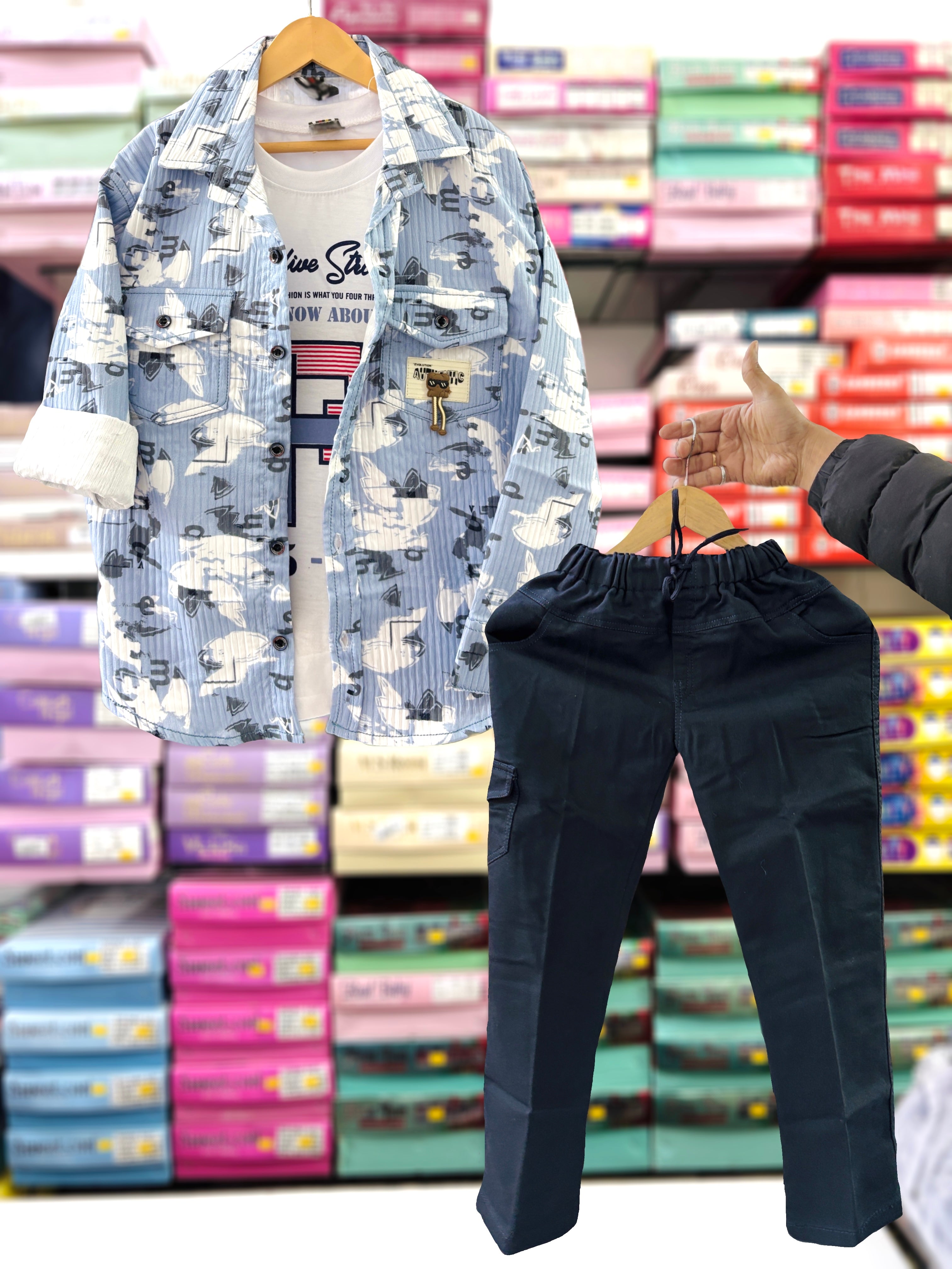 Boys Casual 3-Piece Outfit Set – Printed Shirt, Graphic T-Shirt & Black Jogger Pant