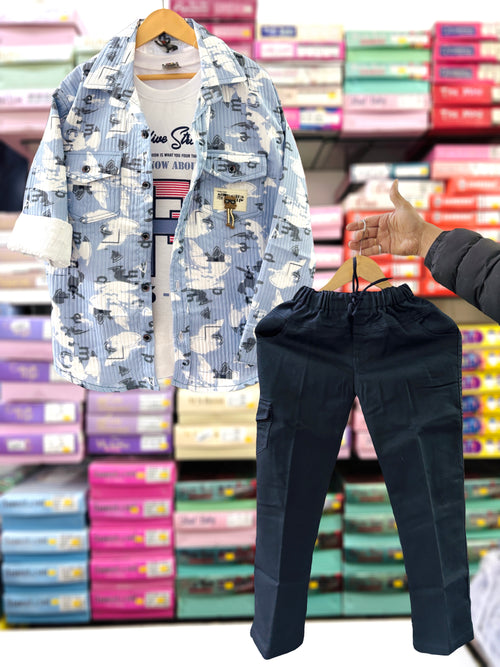 Boys Casual 3-Piece Outfit Set – Printed Shirt, Graphic T-Shirt & Black Jogger Pant