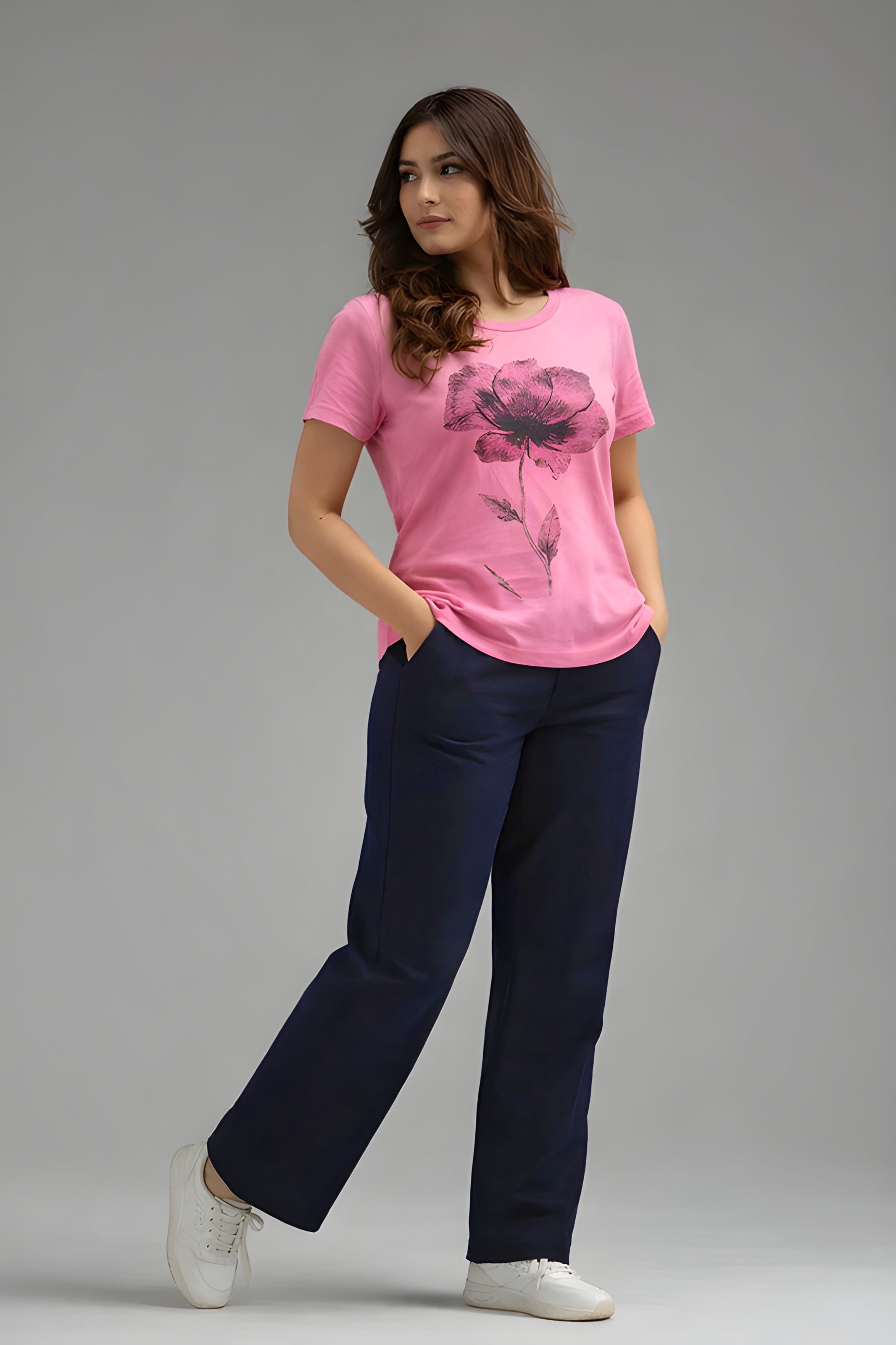 Women’s Summer Cotton Night Suit | Pink Floral Print Top & Navy Blue Pajama Set