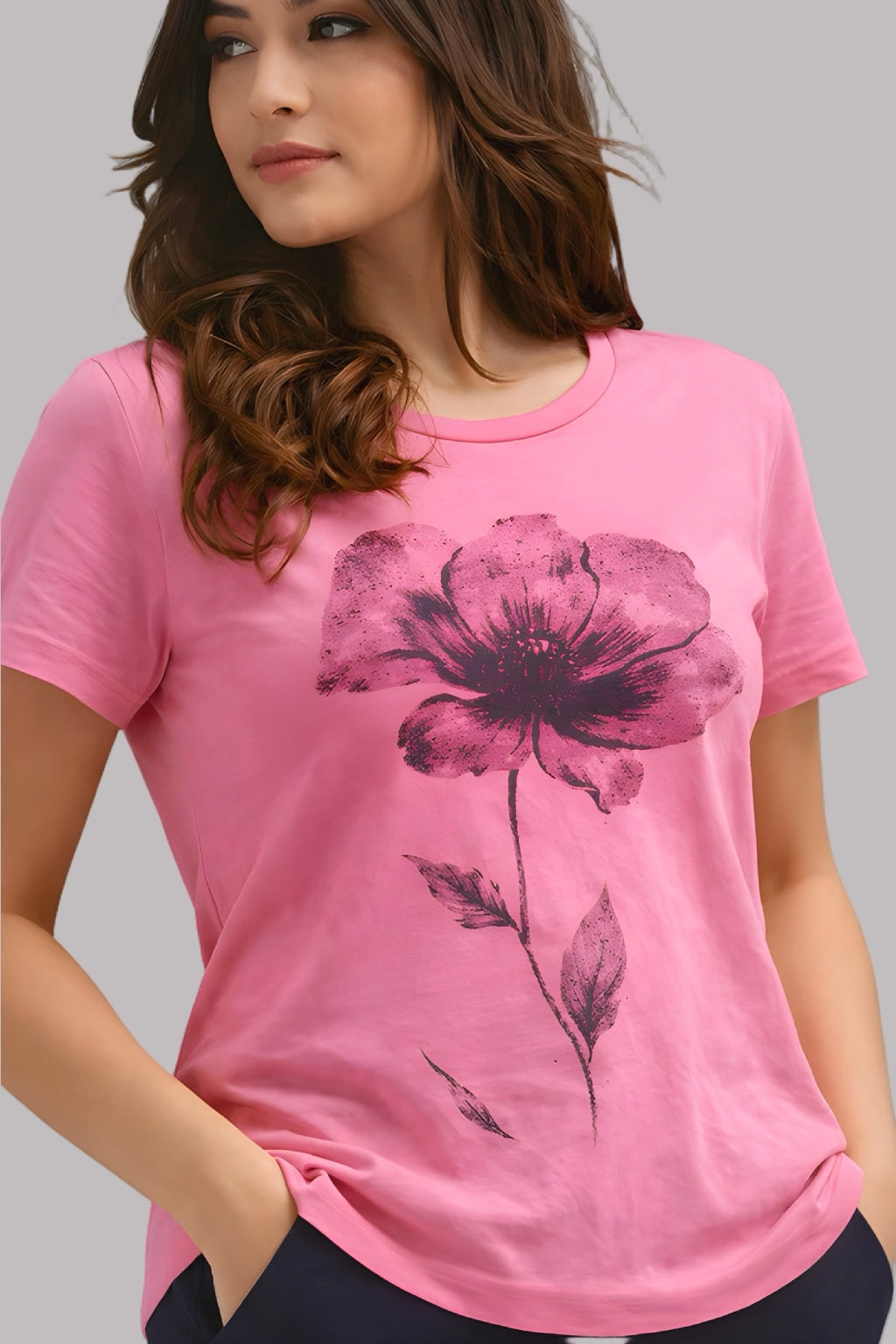 Women’s Summer Cotton Night Suit | Pink Floral Print Top & Navy Blue Pajama Set