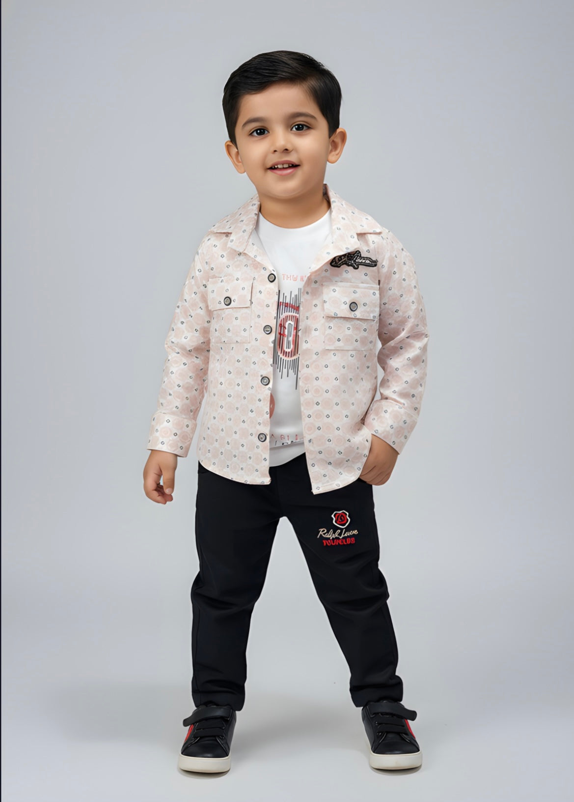 Boys Printed Casual Shirt with Inner T-Shirt and Jogger Pants Set