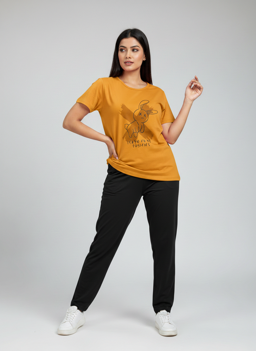 Women’s Graphic Print T-Shirt & Black Pants Co-Ord Set | Trendy Casual & Lounge Wear for Everyday Comfort