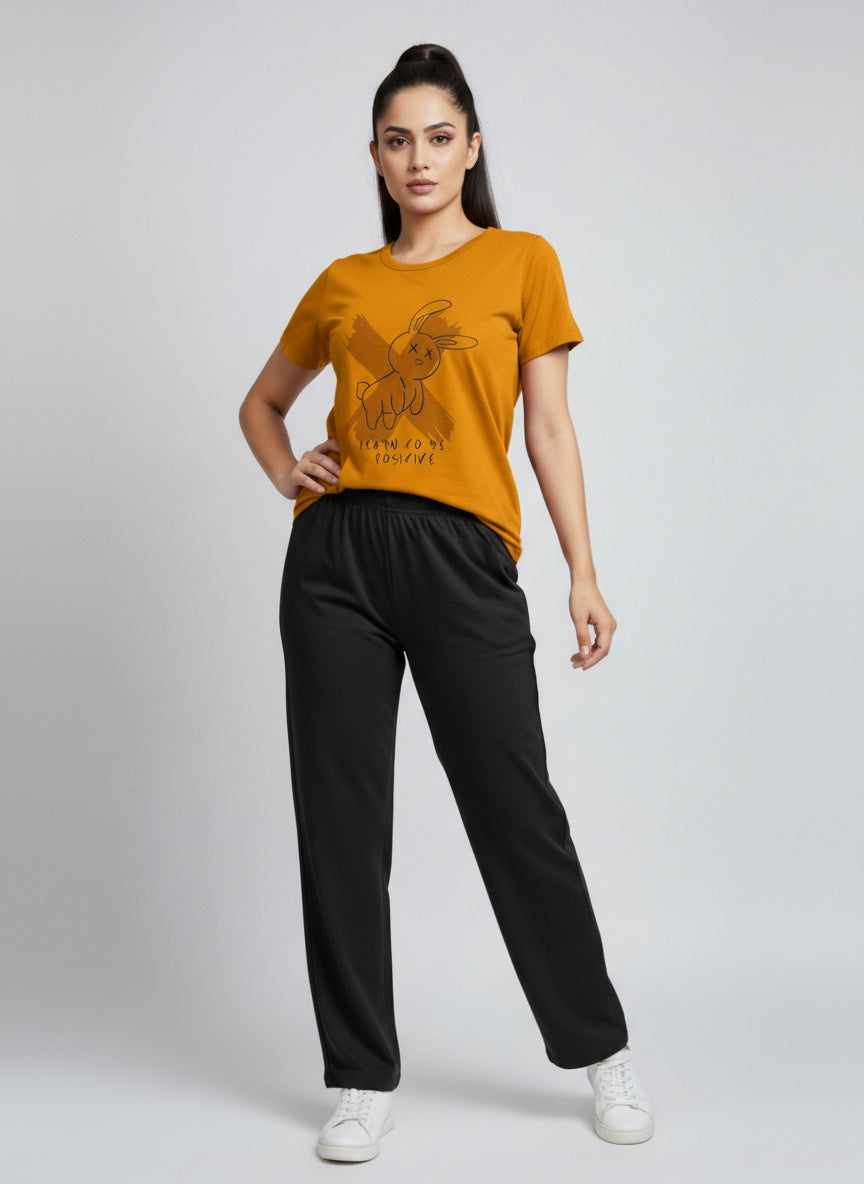 Women’s Graphic Print T-Shirt & Black Pants Co-Ord Set | Trendy Casual & Lounge Wear for Everyday Comfort