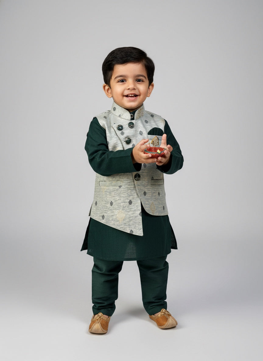 Boys Ethnic Kurta Pajama Set with Printed Nehru Jacket – Traditional Indian Festive Wear
