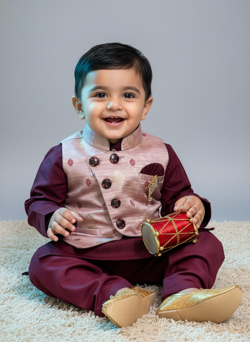 Boys Ethnic Kurta Pajama Set with Printed Nehru Jacket – Traditional Indian Festive Wear