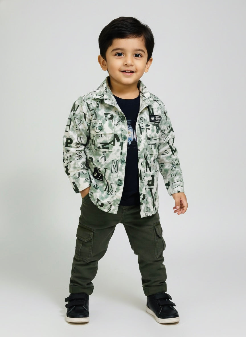 Boys Printed Casual Shirt with Olive Green Cargo Pants Set