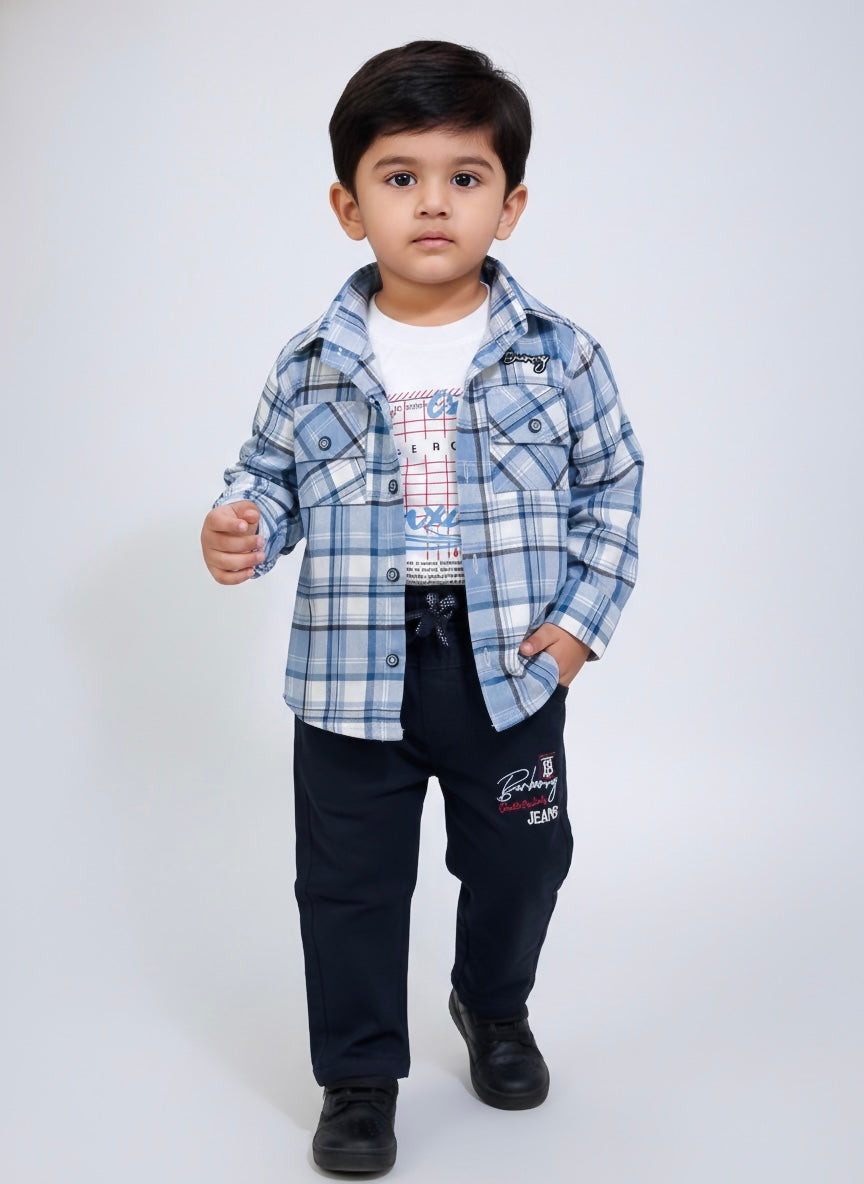 Boys Checked Shirt with Printed T-Shirt & Jogger Pants 3-Piece Set