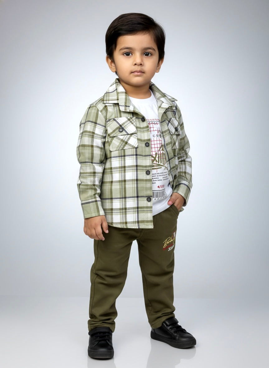 Boys Checked Shirt with Printed T-Shirt & Jogger Pants 3-Piece Set