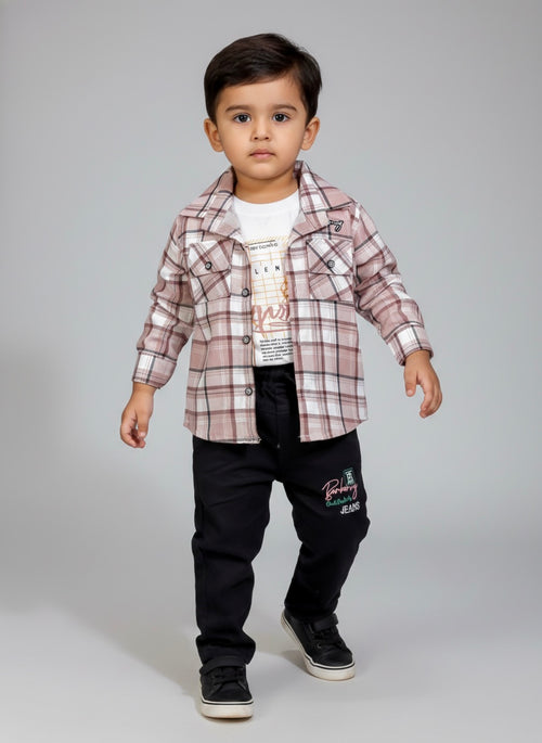 Boys Checked Shirt with Printed T-Shirt & Jogger Pants 3-Piece Set