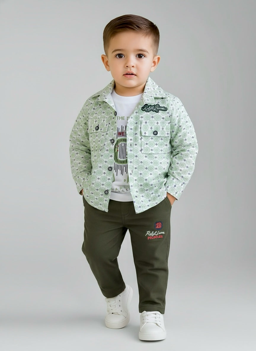 Boys Printed Casual Shirt with Inner T-Shirt and Jogger Pants Set