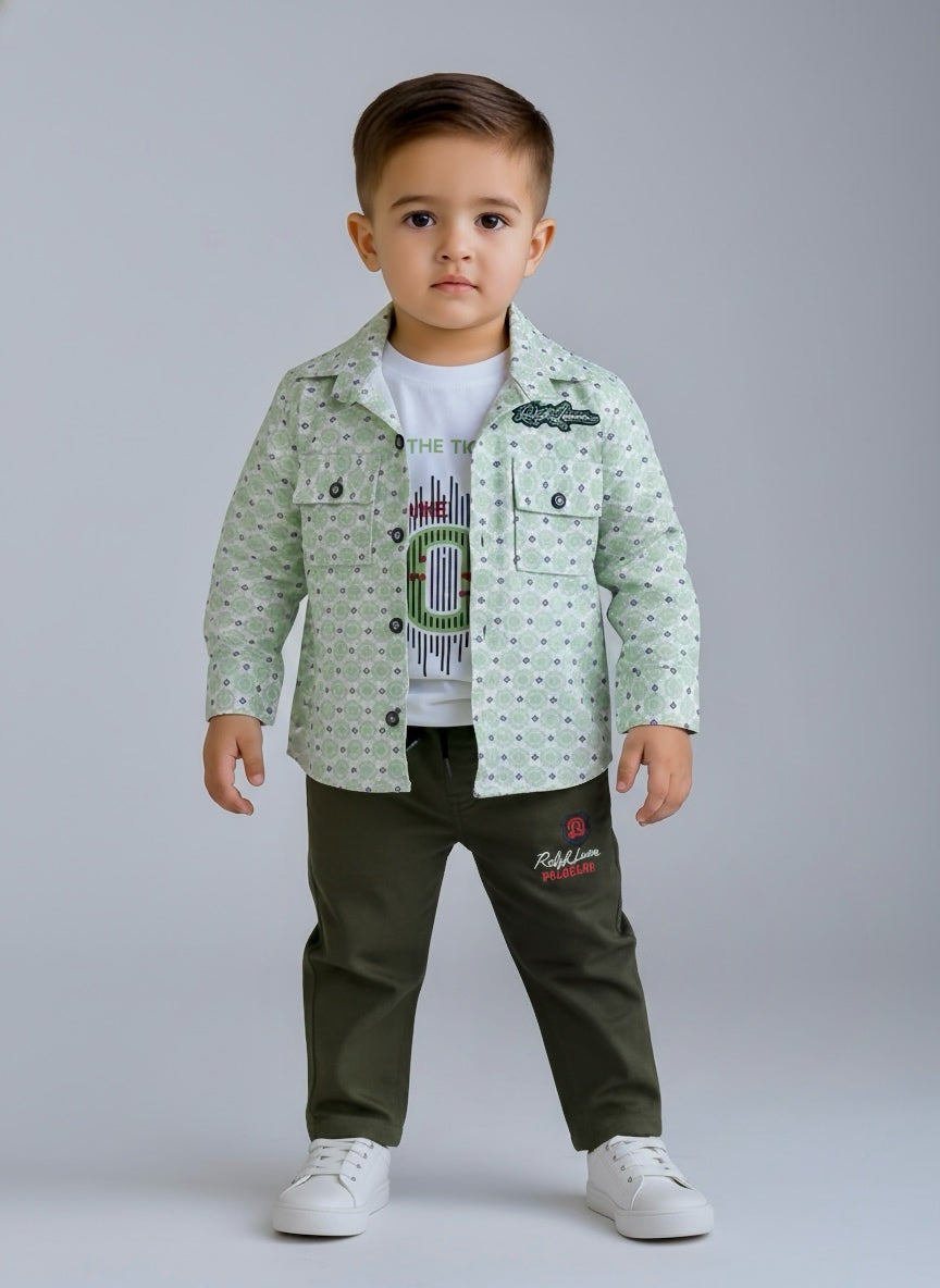 Boys Printed Casual Shirt with Inner T-Shirt and Jogger Pants Set