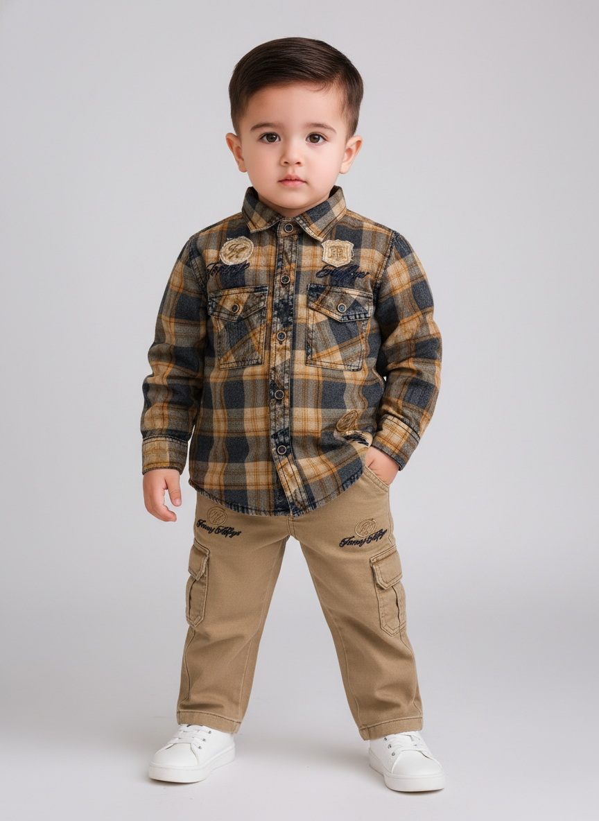 Boys Indigo Checked Casual Shirt with Cargo Pants Set