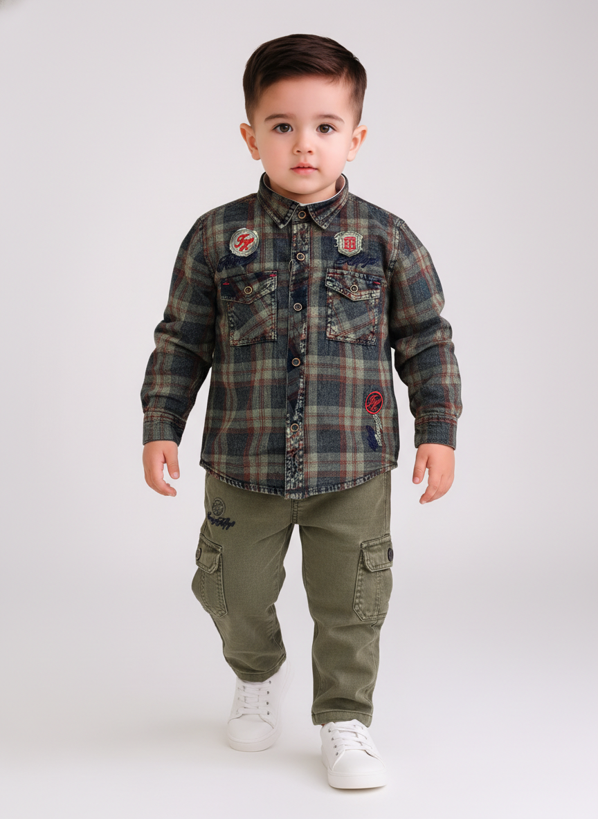 Boys Indigo Checked Casual Shirt with Cargo Pants Set