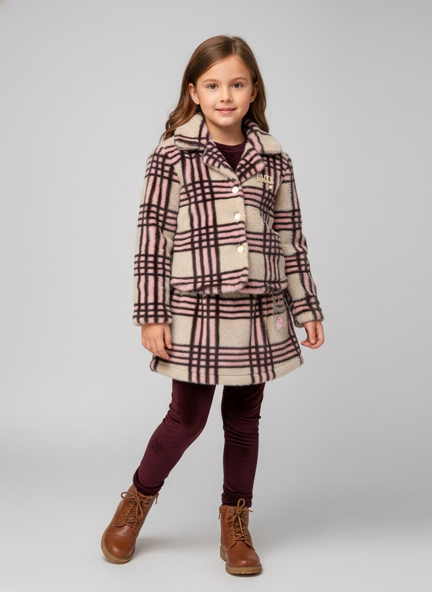 Girls Checked Winter Jacket with Skirt and Leggings Set