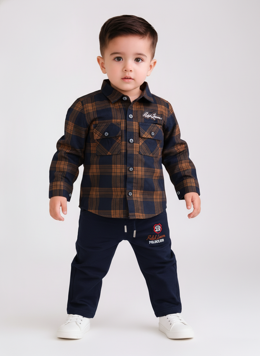 Boys Check Pattern Shirt with Jogger Pants Casual Set