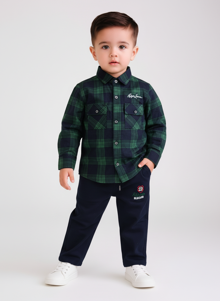 Boys Check Pattern Shirt with Jogger Pants Casual Set