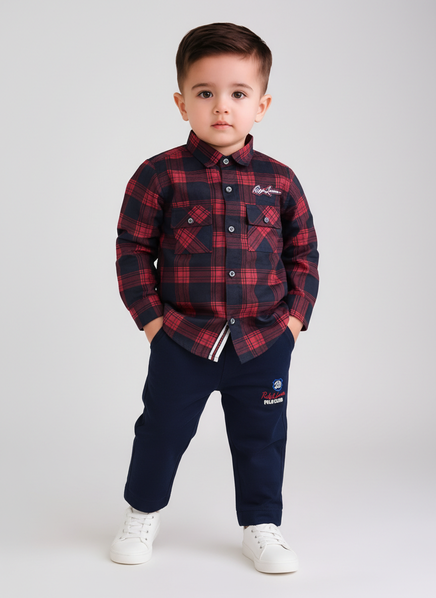 Boys Check Pattern Shirt with Jogger Pants Casual Set