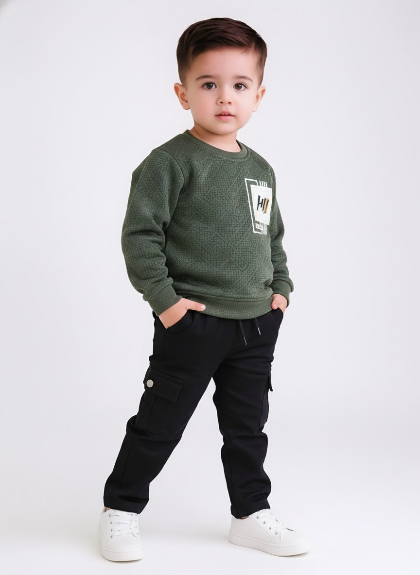 Boys Olive Green Full Sleeve Sweatshirt with Black Cargo Pants Set
