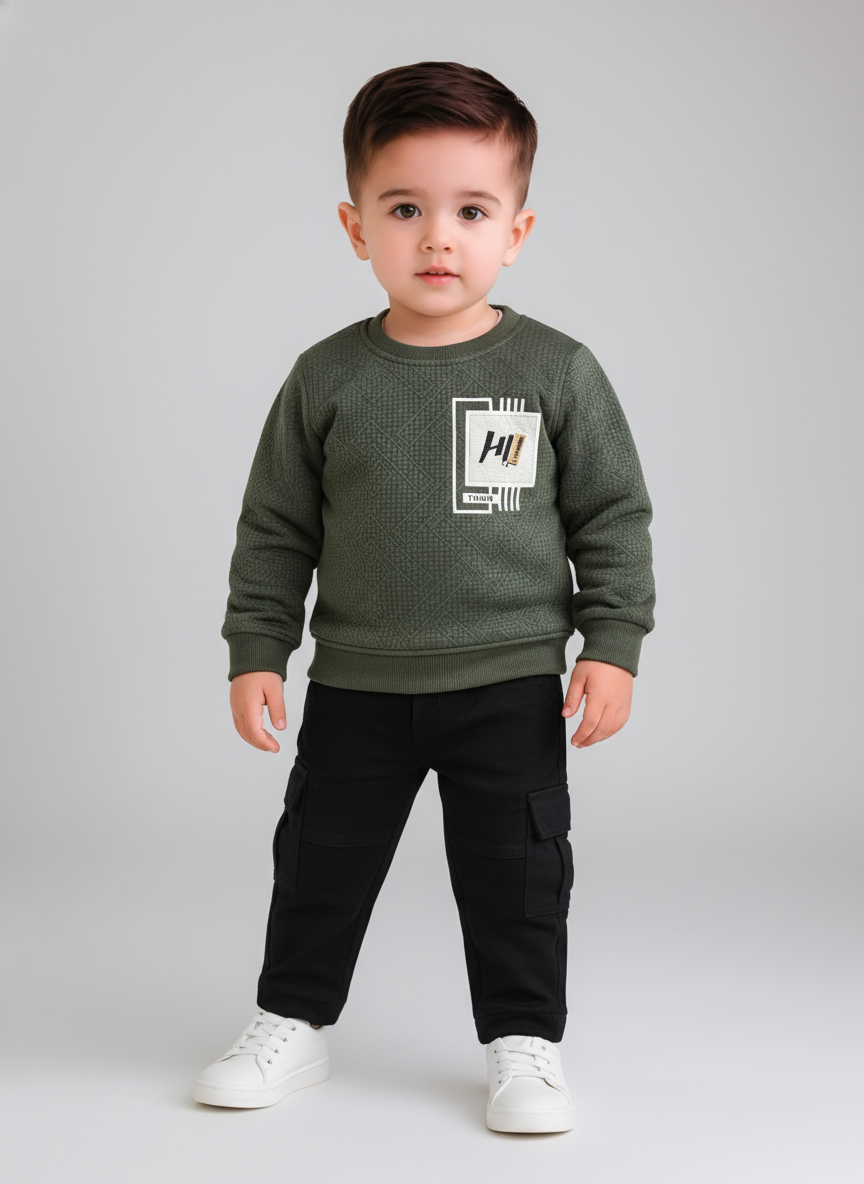 Boys Olive Green Full Sleeve Sweatshirt with Black Cargo Pants Set