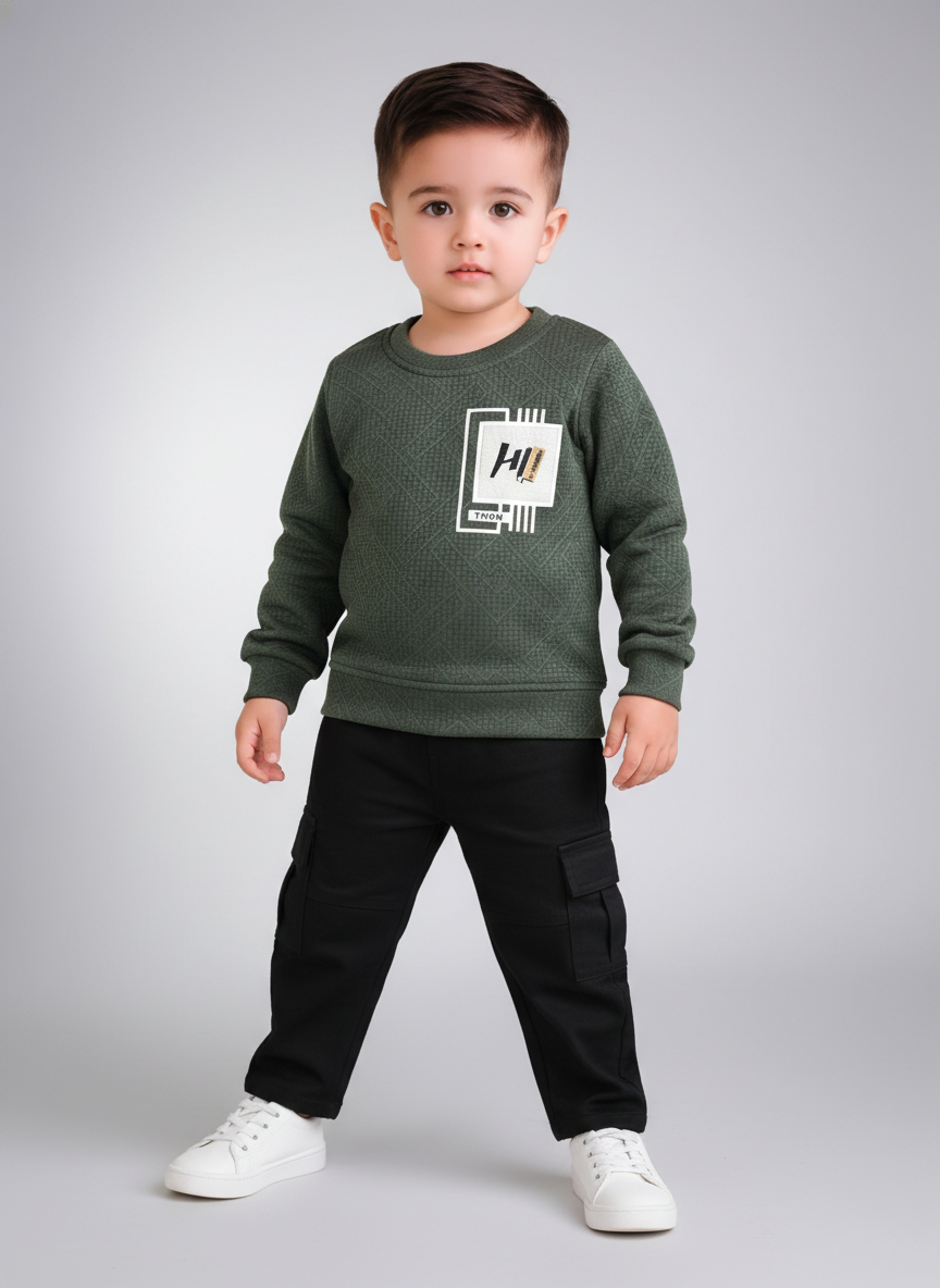 Boys Olive Green Full Sleeve Sweatshirt with Black Cargo Pants Set