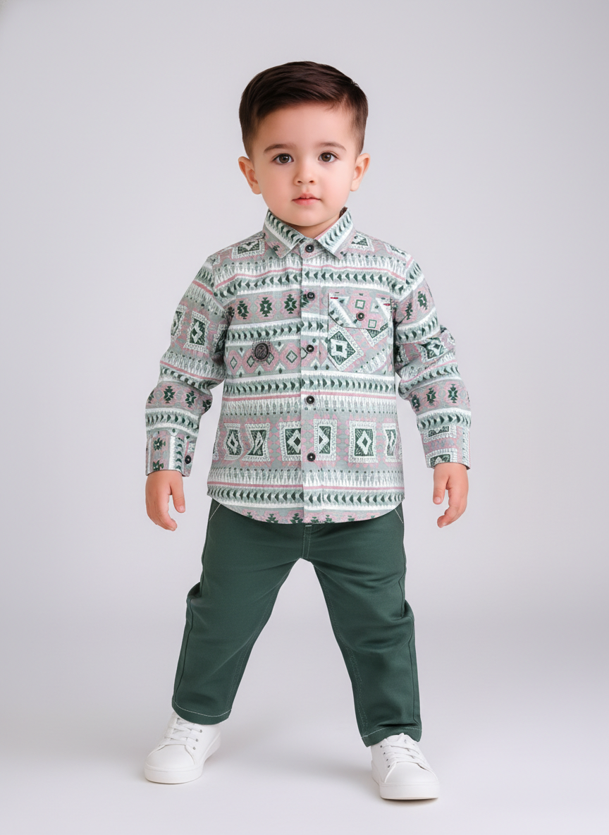 Boys Premium Printed Full Sleeve Shirt with Casual Trousers Set