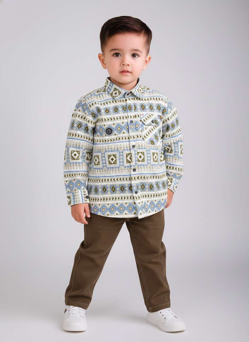 Boys Premium Printed Full Sleeve Shirt with Casual Trousers Set