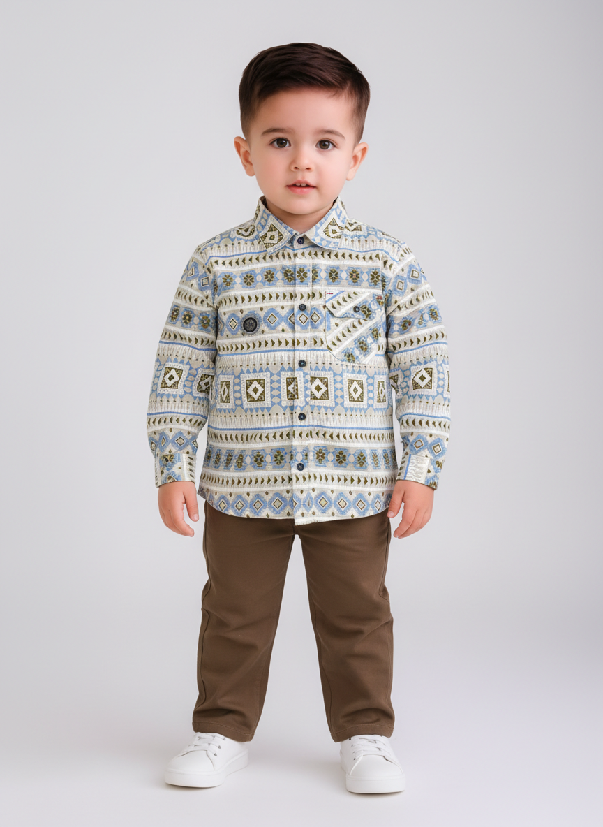 Boys Premium Printed Full Sleeve Shirt with Casual Trousers Set