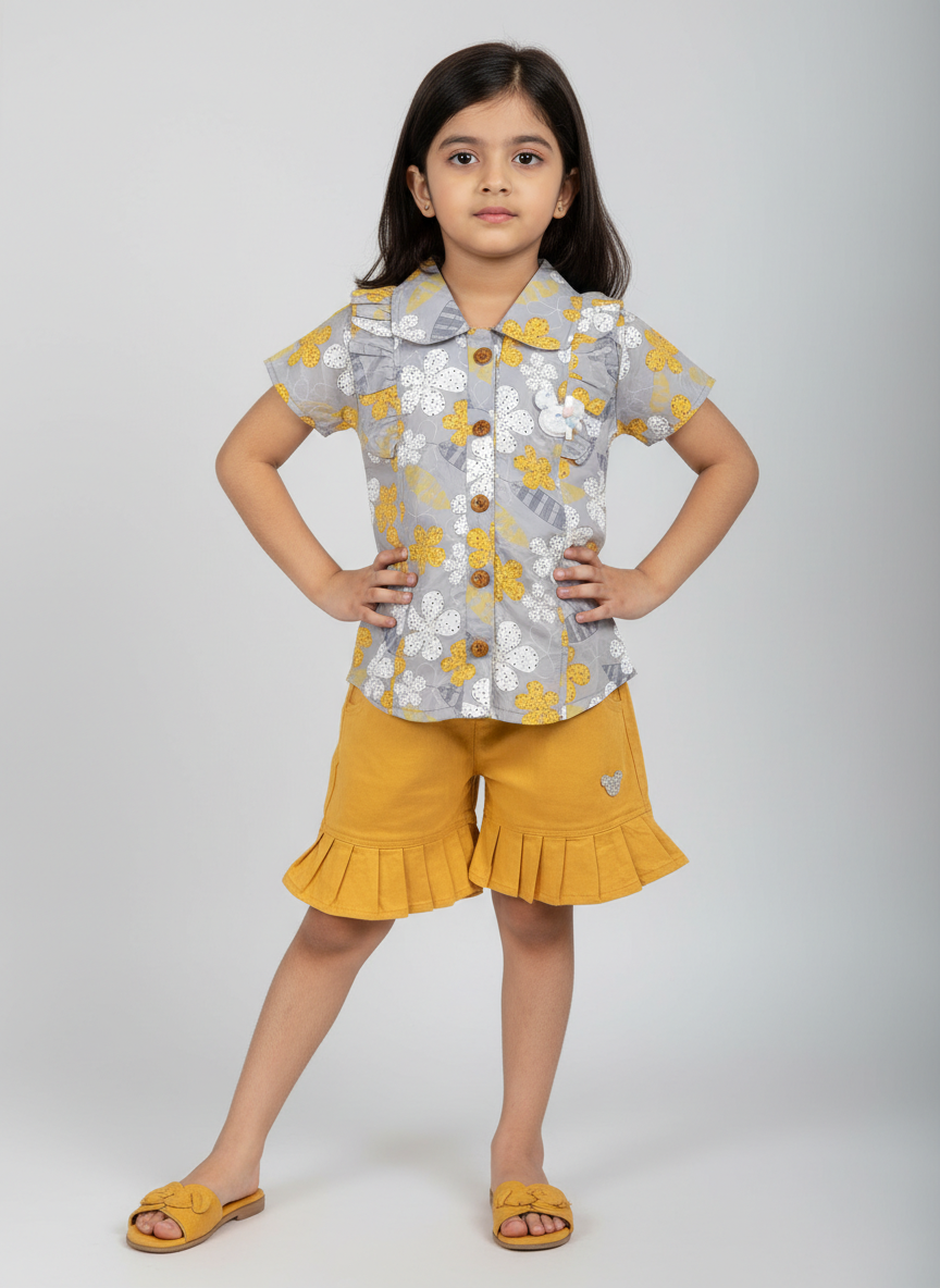 Girls Floral Printed Top with Pleated Shorts Set