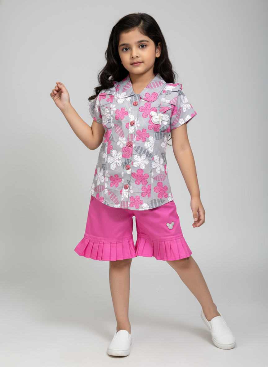 Girls Floral Printed Top with Pleated Shorts Set