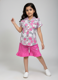 Girls Floral Printed Top with Pleated Shorts Set