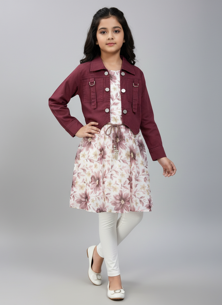 Girls Floral Dress with Stylish Jacket & Leggings Set
